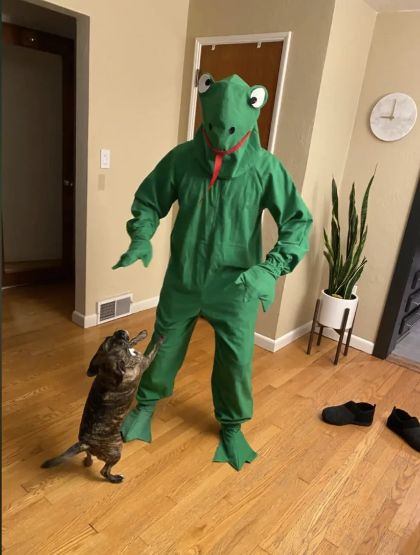 Mandi’s partner in a “creepy vintage frog costume I sewed”.