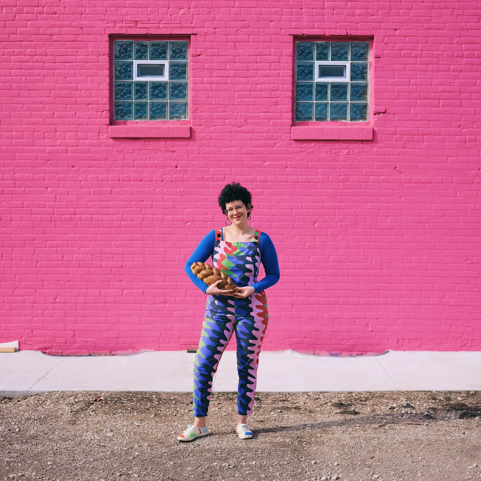 Molly wears not one but two Lucky Sweater trades: Arq Cleo Leo in Cobalt from @sarahducas and Nooworks Overalls in Static from @NatalieM, paired with Dusen Dusen Keds and fake bread. Photo by Isaac Brooks.