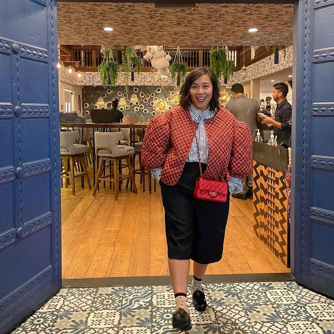 "I’m putting my own spin on my menswear-inspired pieces by styling them with mix-matched prints, unexpected cuts and fun color! I figured my outfit was strong when my 4YO exclaimed, 'I like your muscles in that jacket.' 💪🏾"